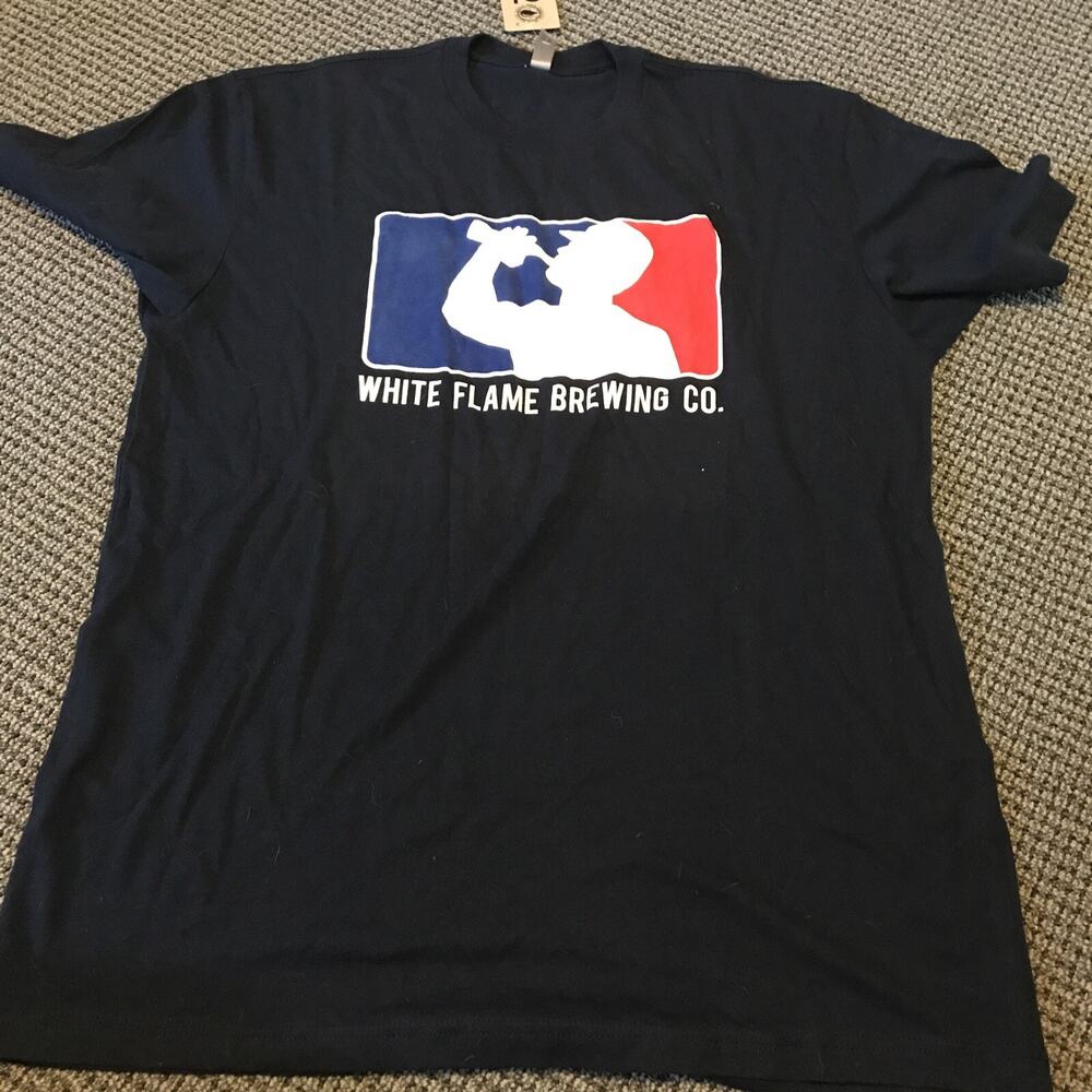 White Flame Brewing Co Logo Tee Shirt Navy Blue Large NWT Next Level Apparel